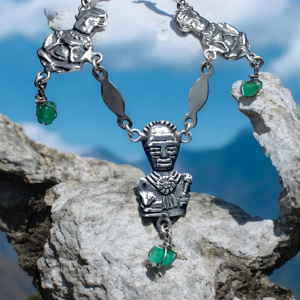 🌺Vintage Sterling & Emerald Mayan Necklace-26+ grams